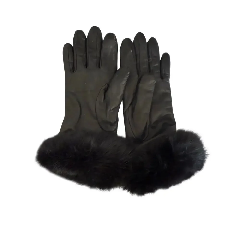 Grandoe Black Genuine Leather Gloves Faux Fur Cuff Winter Gloves Medium